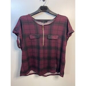 Vintage Rose Womens 3X Burgundy Black Plaid Quarter Zip Short Sleeve Top Blouse